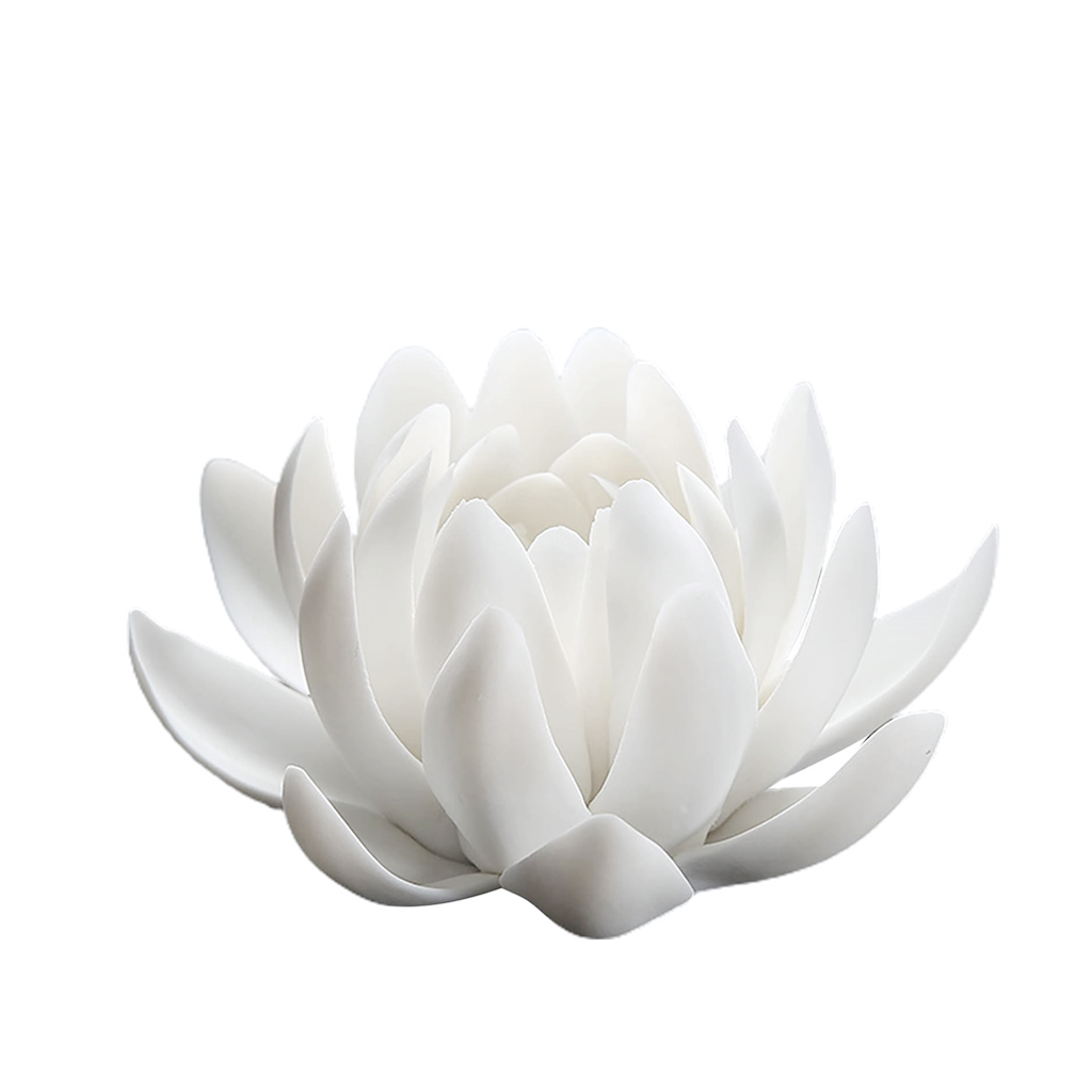 White ceramic lotus incense holder with layered petals, photographed against a white background