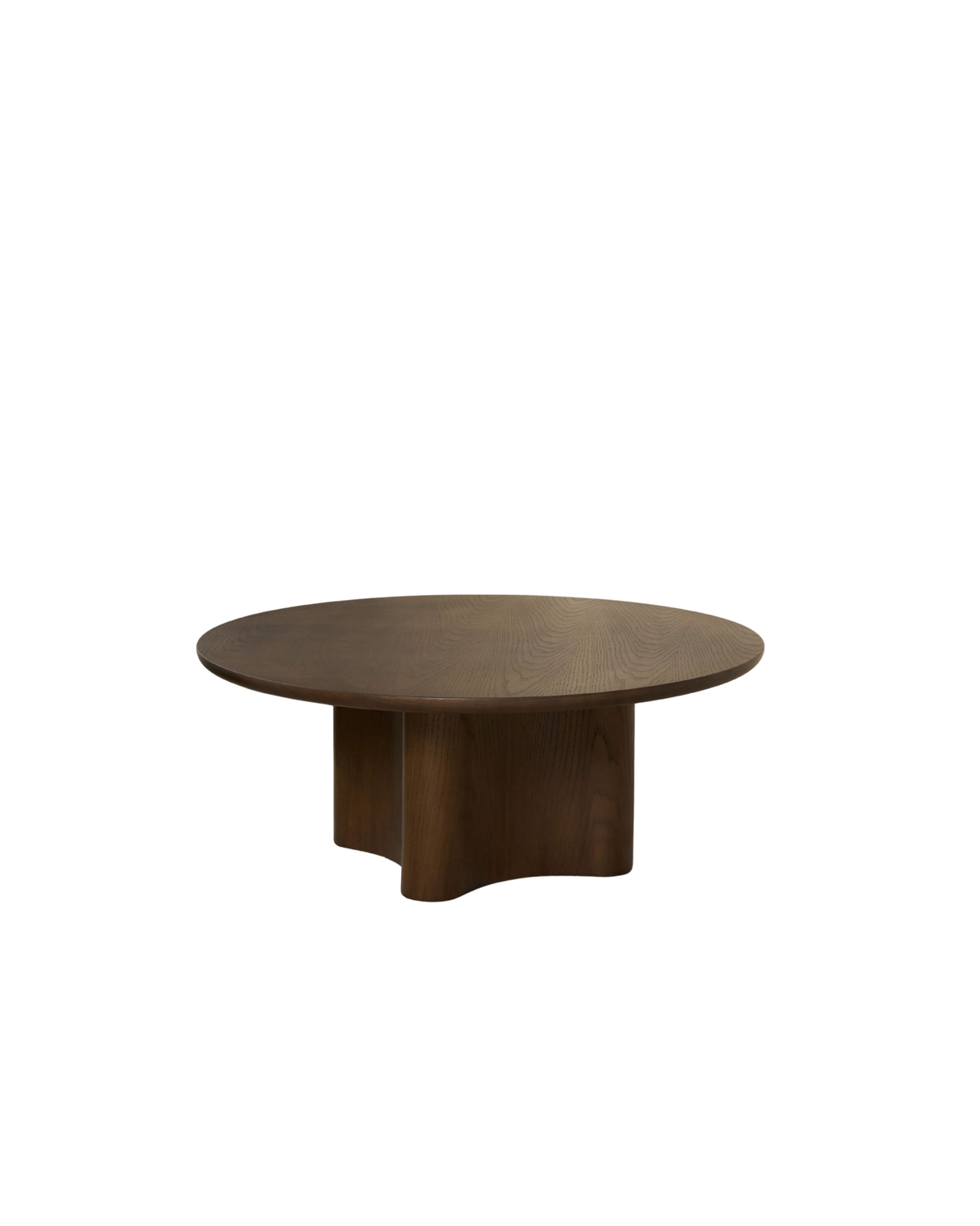 Luma Coffee Table by Ned Collections in Brown Oak, a 90cm round top on a scalloped pedestal, on a white background