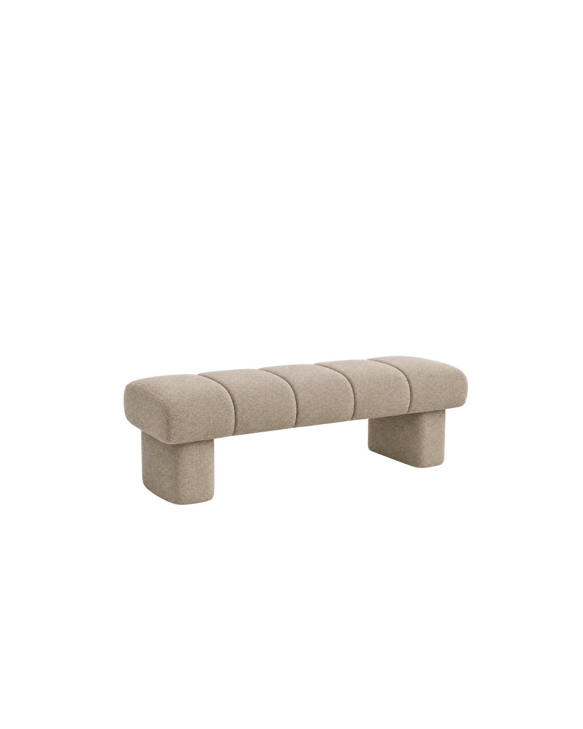 Lune Bench by Ned Collections in Sand, channel-padded upholstered bench, on a white background