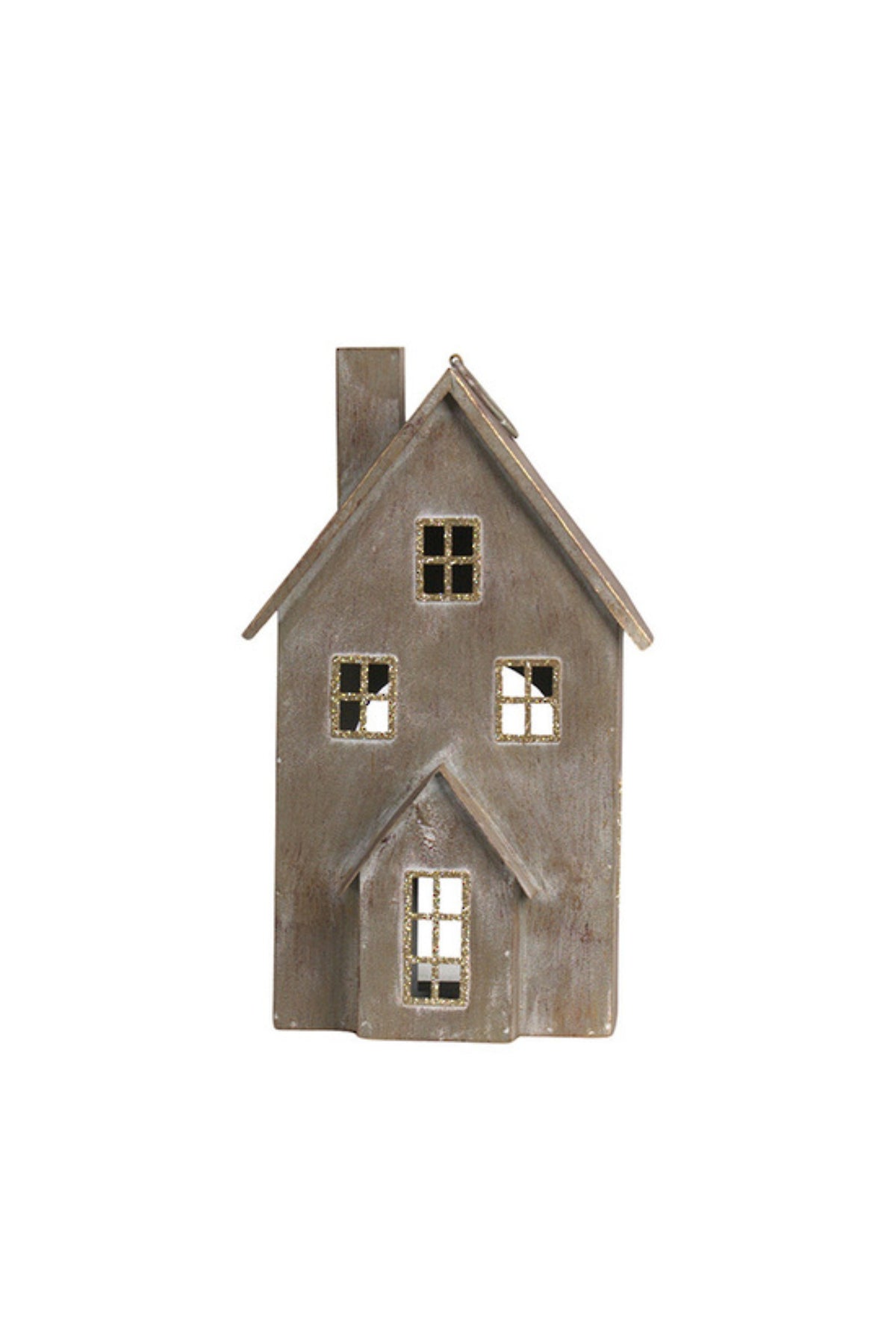 Brushed champagne metal cottage with a steep roof and cut-out windows, small (12cm W x 8.5cm D x 20cm H)