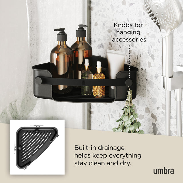 Umbra Flex corner bin in black with knobs for hanging accessories and built-in drainage