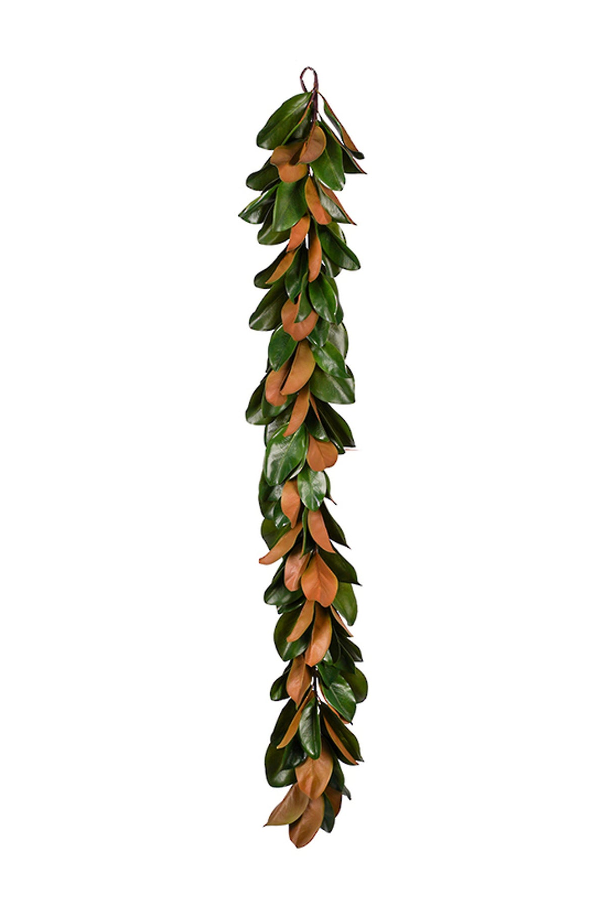 Magnolia Leaf Garland hanging vertically, showing green tops and brown backs