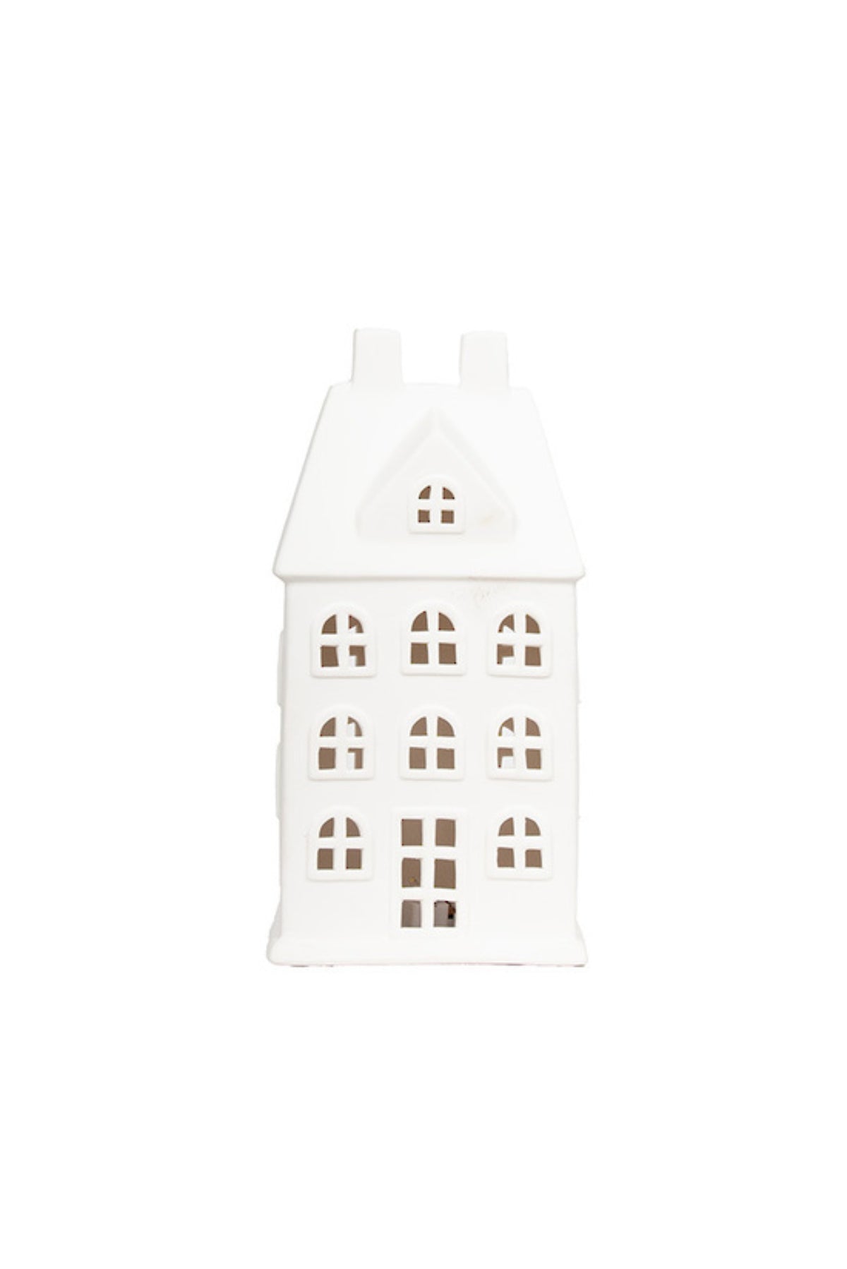 Tall white Christmas manor house with cut-out windows and a warm LED glow, medium (11.8cm W x 9cm D x 23cm H)
