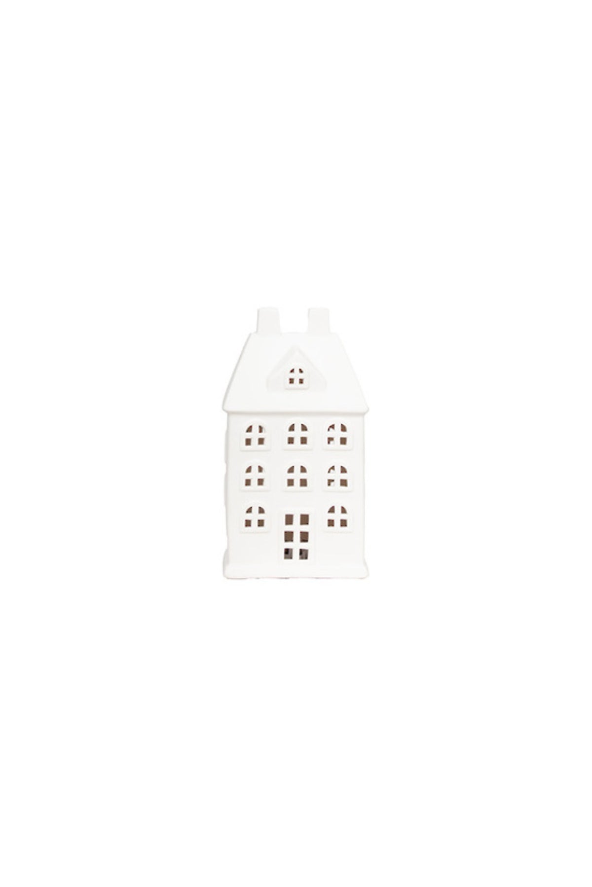 Tall white Christmas manor house with cut-out windows and a warm LED glow, small (9.7cm W x 7.3cm D x 17.6cm H)
