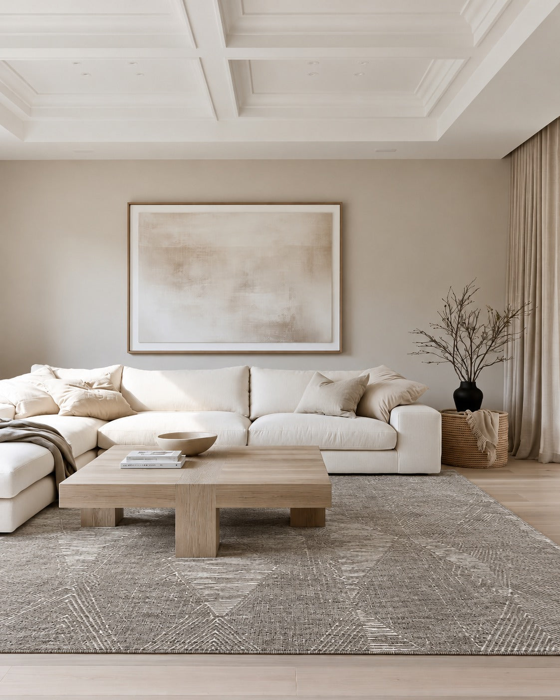 Marlow Arfi Rug under a square timber coffee table in front of a cream sectional sofa in a lounge with a coffered ceiling