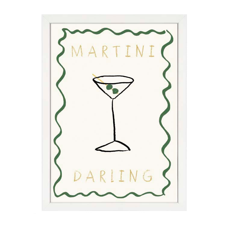 Martini Darling Print by Papier HQ in a white frame, hand-drawn martini glass with two green olives in a wavy green border
