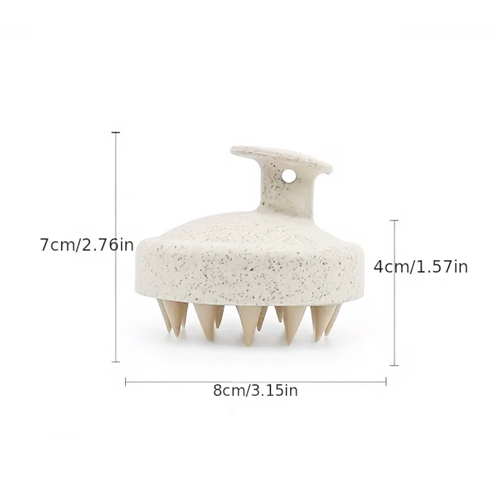 Dimensions diagram of the scalp massager marked 8cm wide, 7cm tall and 4cm deep