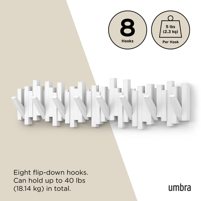Umbra Sticks 8 hook rack in white, eight flip-down hooks holding up to 18kg in total