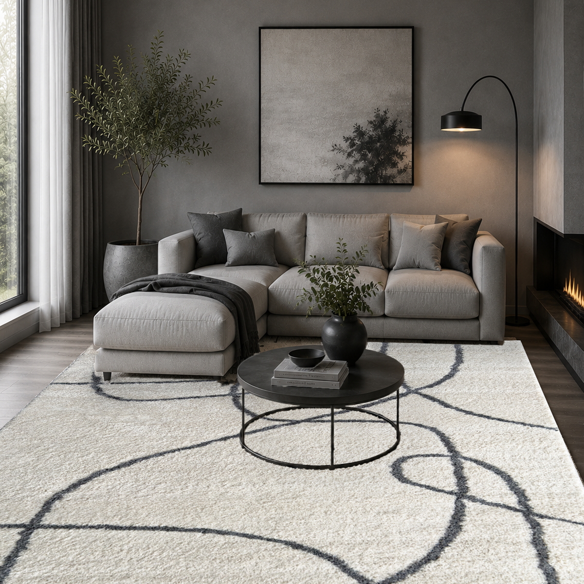 White rug with black line pattern in a dark living room with a grey sectional sofa and round black coffee table
