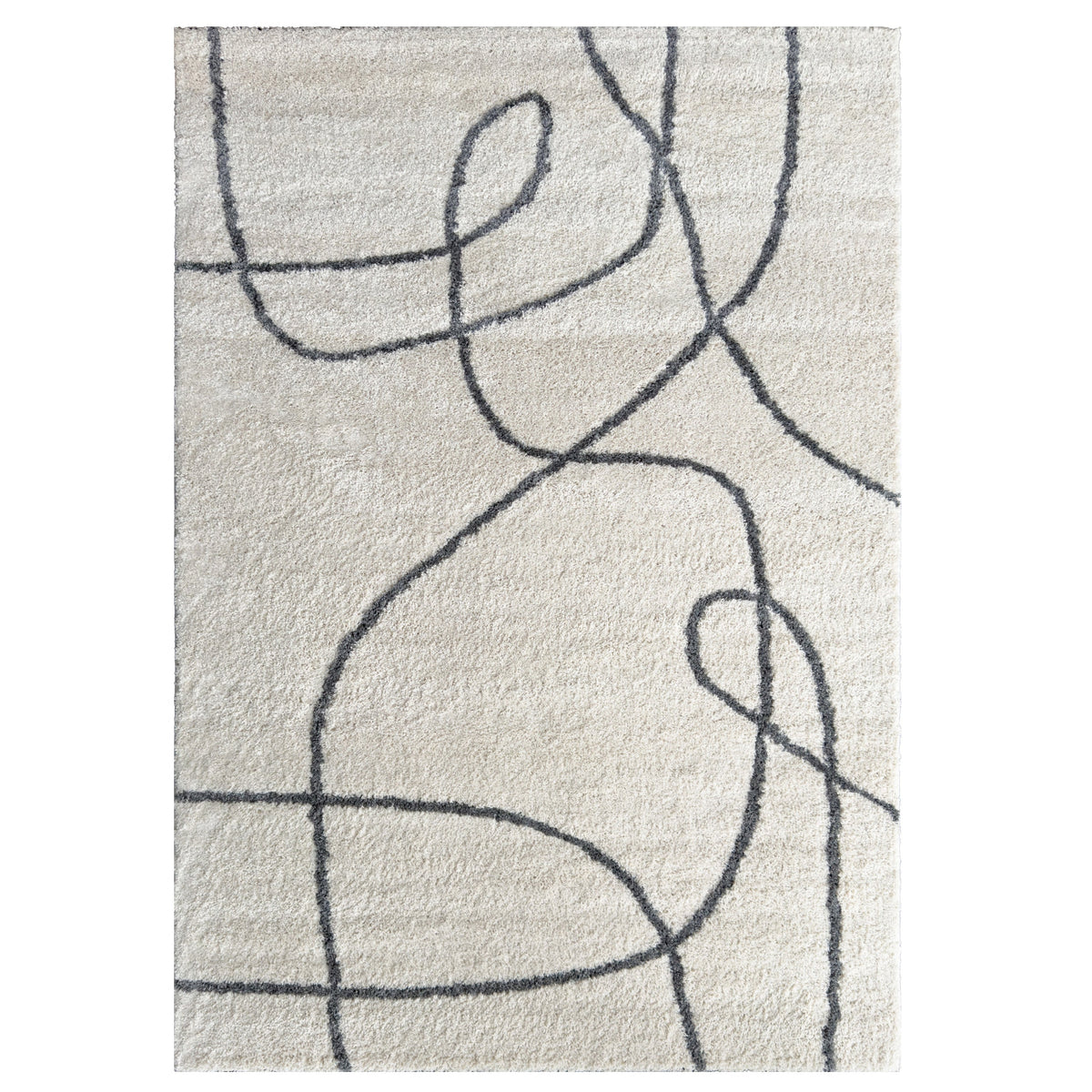 Mercer Sketch White/Black Rug with flowing black lines on a white plush pile, shown flat