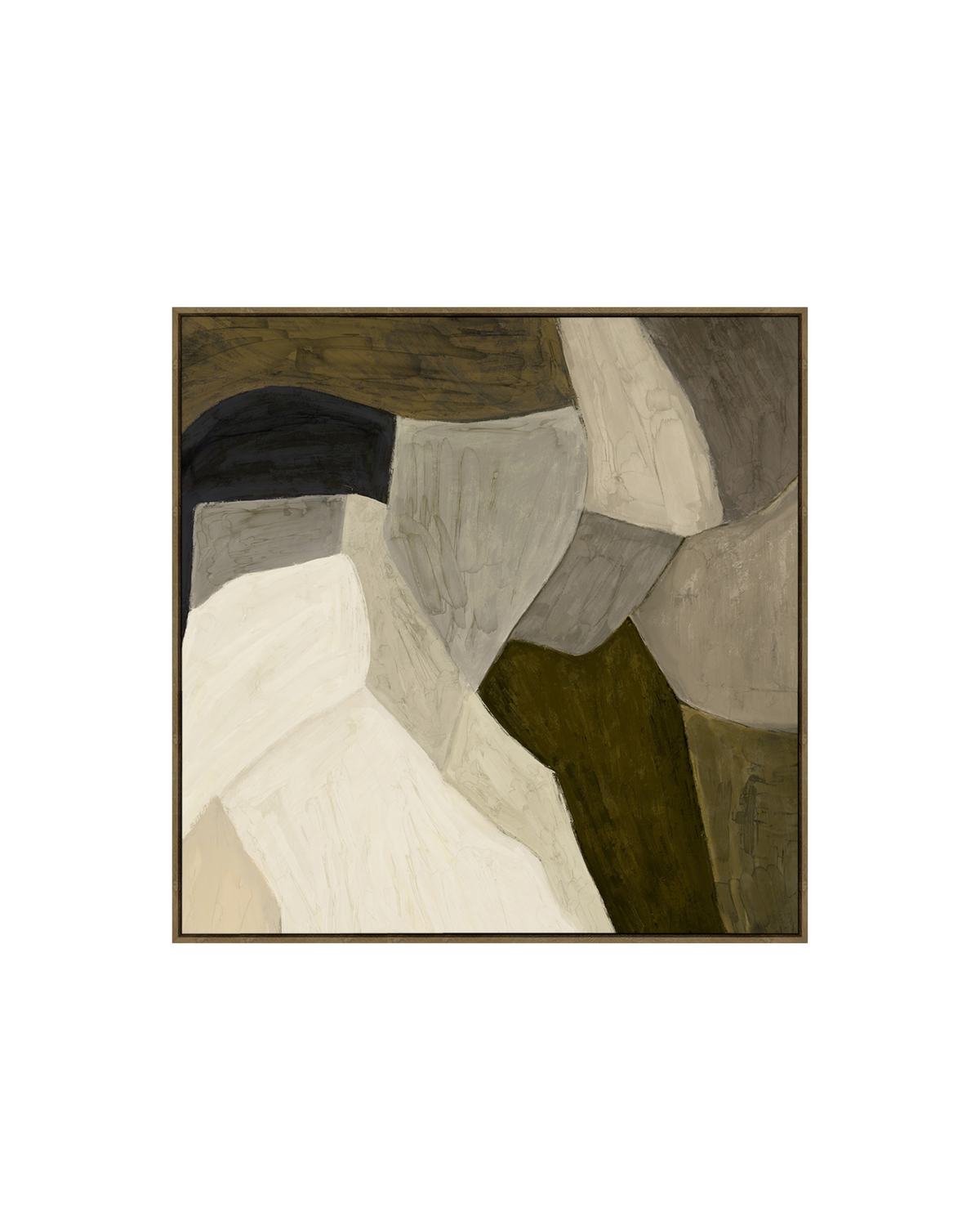 Mess Print by Ned Collections, square framed canvas of interlocking olive, grey, black and cream abstract shapes