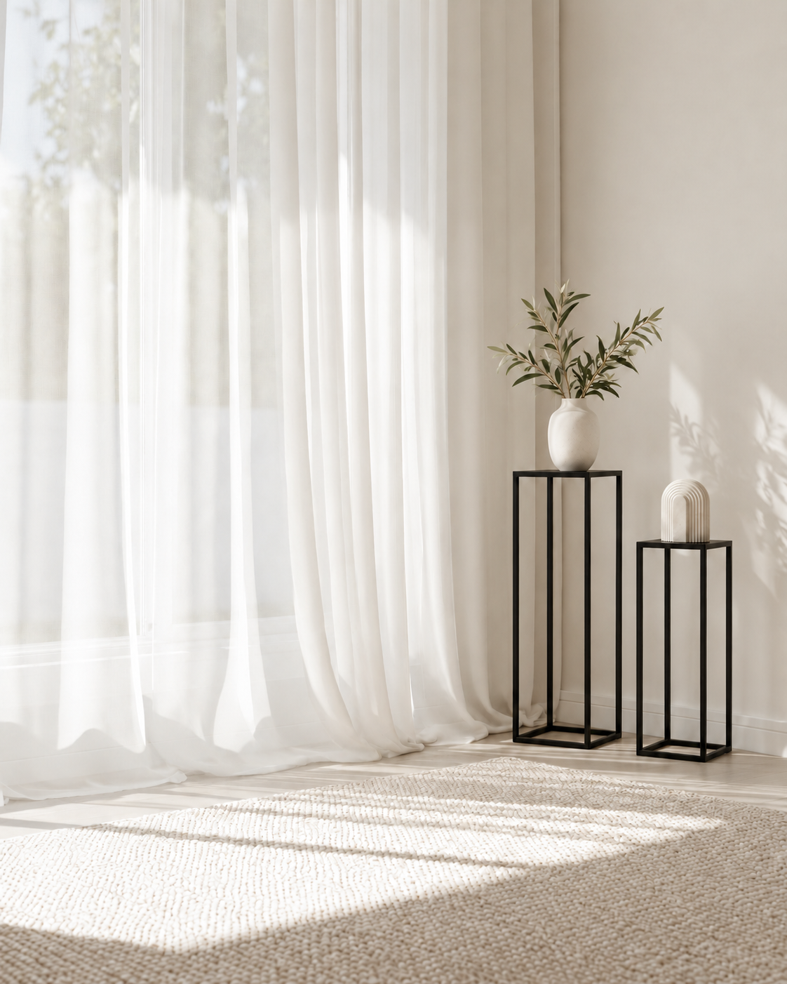 Metal Plinth Set of 2 in black displaying a white vase with olive stems and a ribbed ceramic beside sheer curtains