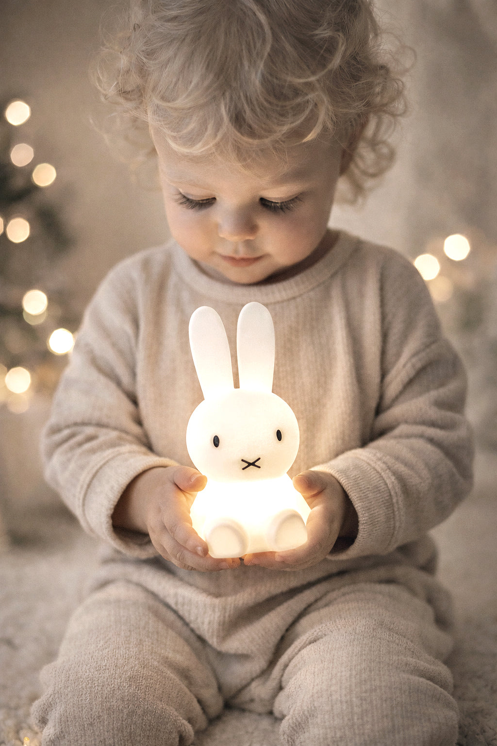 Toddler holding glowing Miffy Bundle of Light night lamp in soft neutral nursery setting