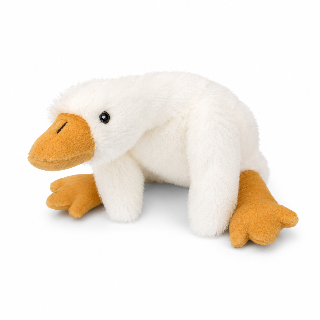 Millie the Goose soft toy by Lily & George, long white plush goose lying down with orange beak and feet