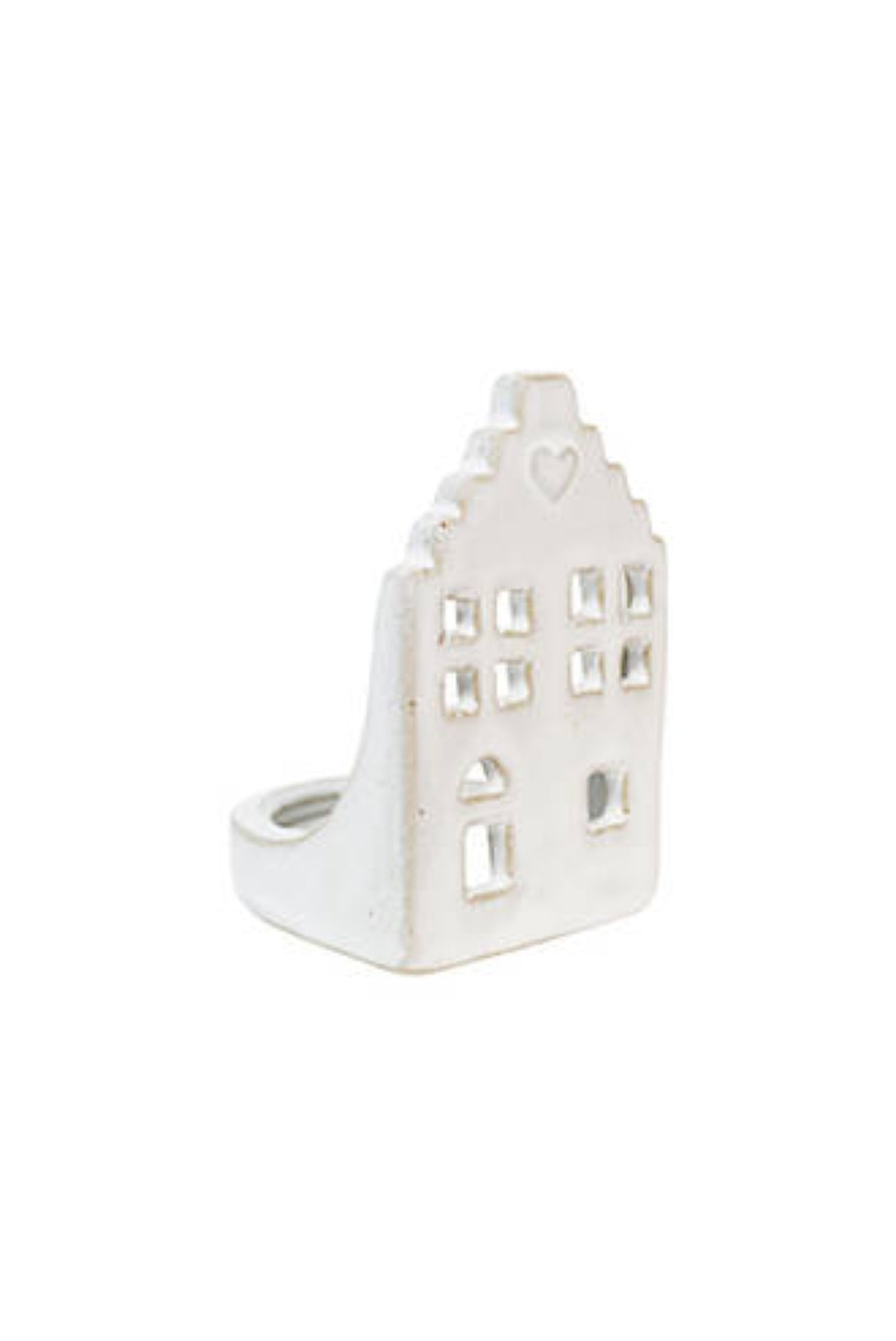 Small white ceramic house tealight holder with a stepped Dutch-style roof