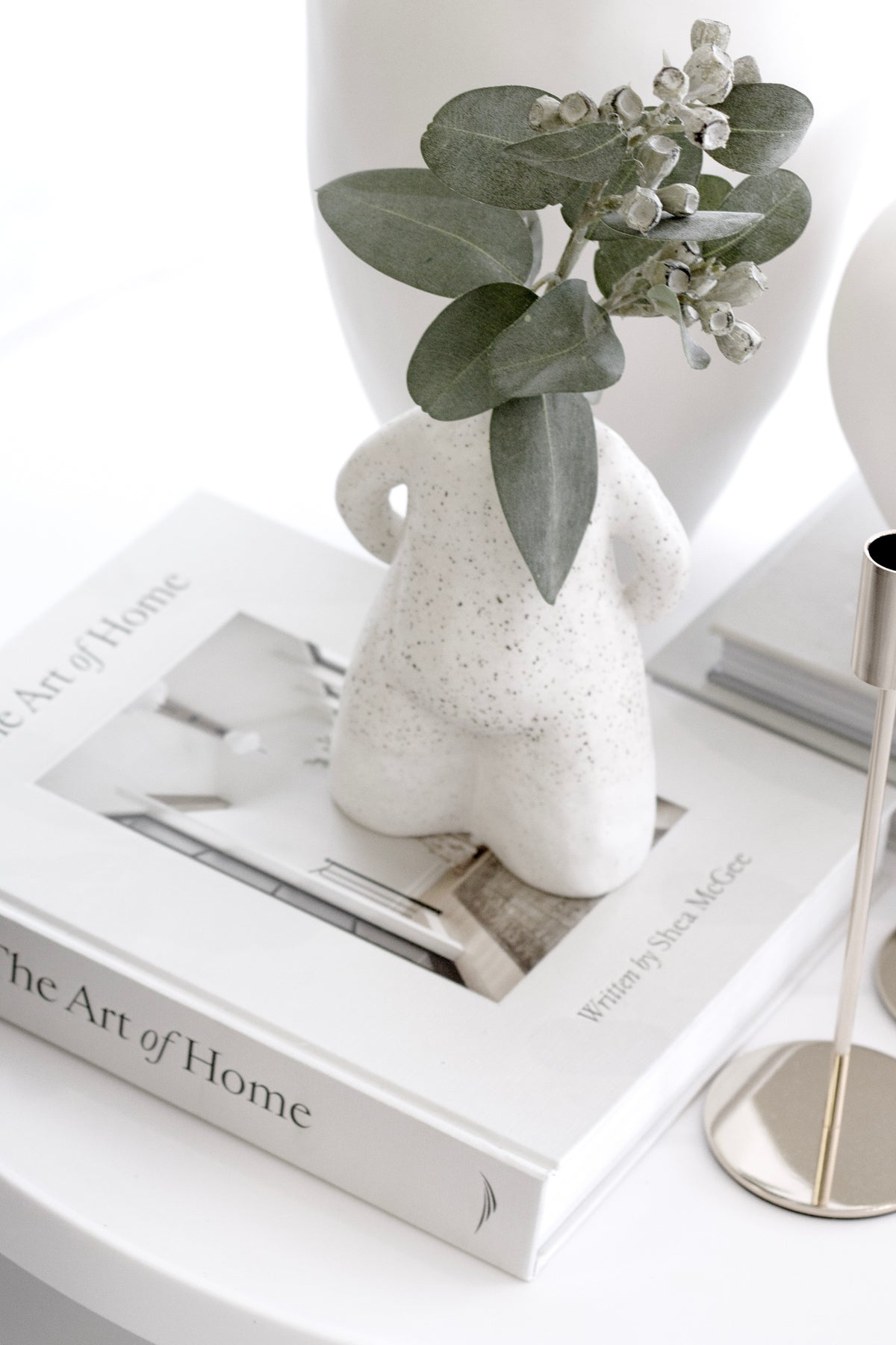 Mini eucalyptus pod spray 40cm styled in ceramic vase on book stack