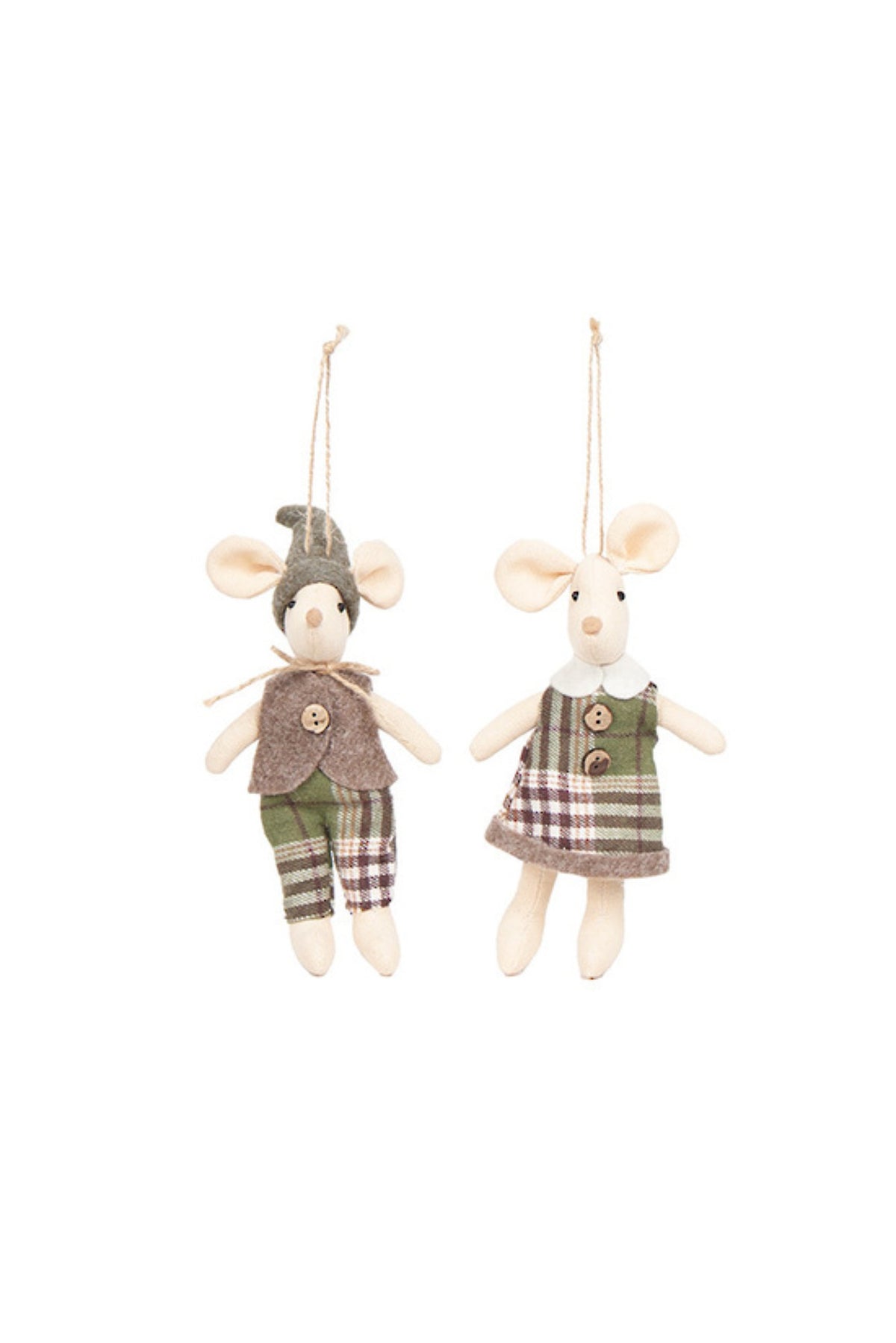 Pair of hanging Christmas mice dressed in green and taupe checked outfits