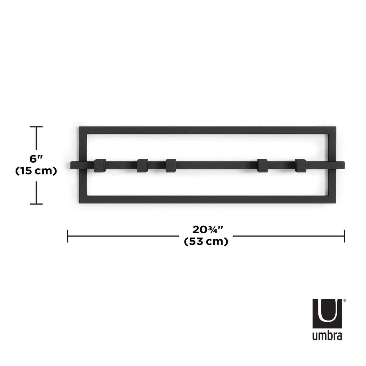 Umbra Cubiko 5 hook wall rack dimension diagram, 53cm wide by 15cm high
