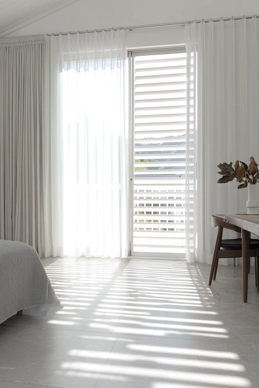 Sunlit neutral room with sheer curtains and a bed, and a vase of leafy stems on a timber table