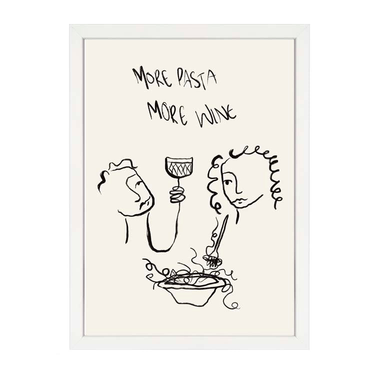 More Pasta More Wine Print by Papier HQ in a white frame, two ink-drawn faces sharing wine and a bowl of pasta