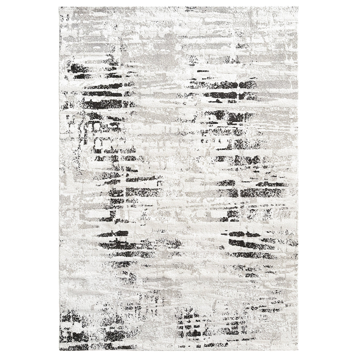 Munro Distressed Grey/Black Rug with charcoal and black streaks on an ivory ground, shown flat