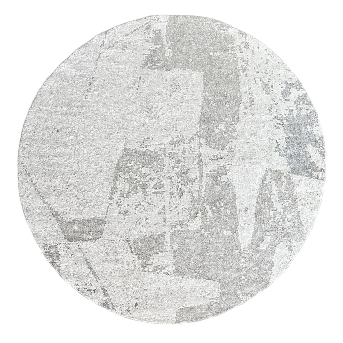 Grey and beige abstract rug shown in the round shape