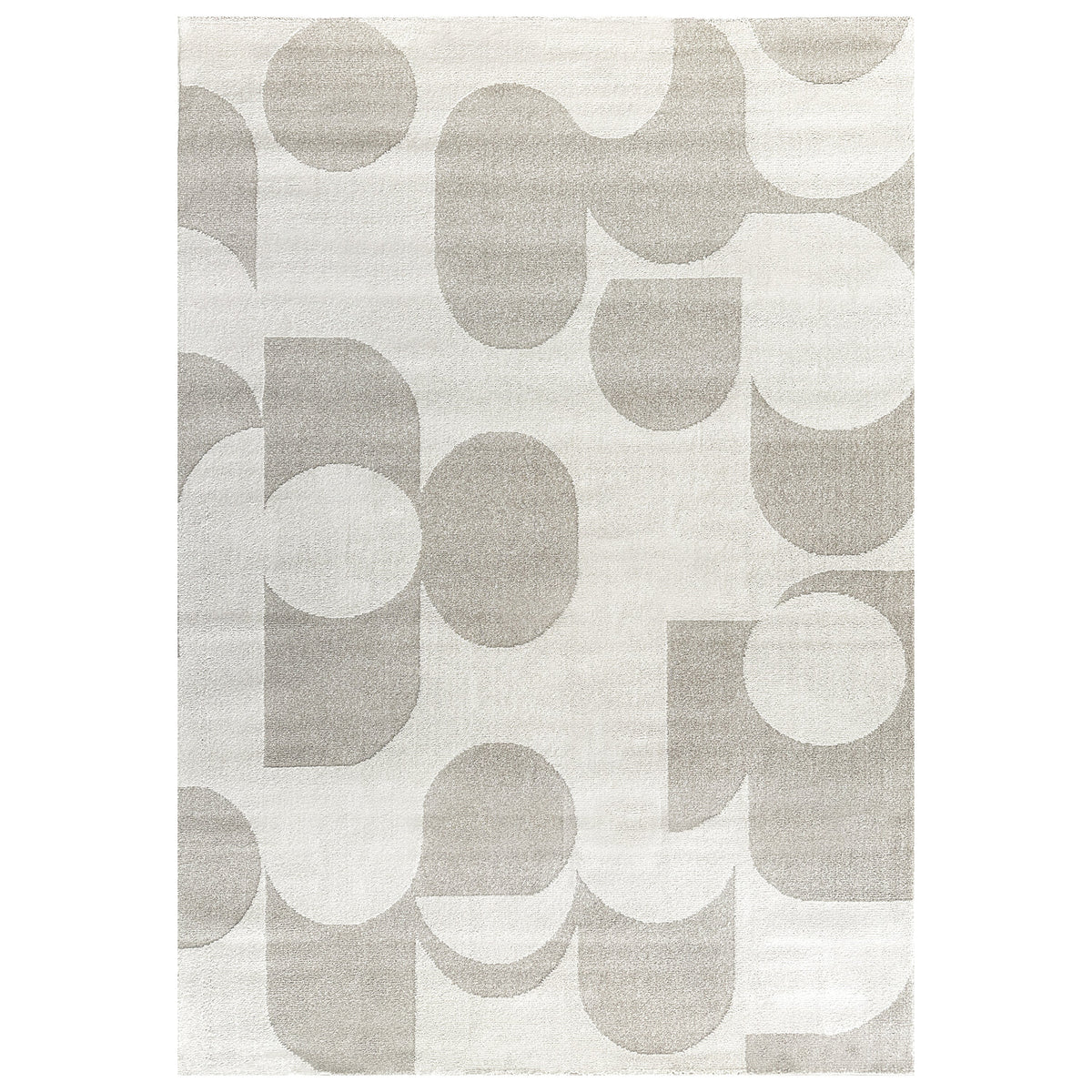Munro Spectrum Beige Rug with rounded arch and half moon shapes in beige and ivory, shown flat