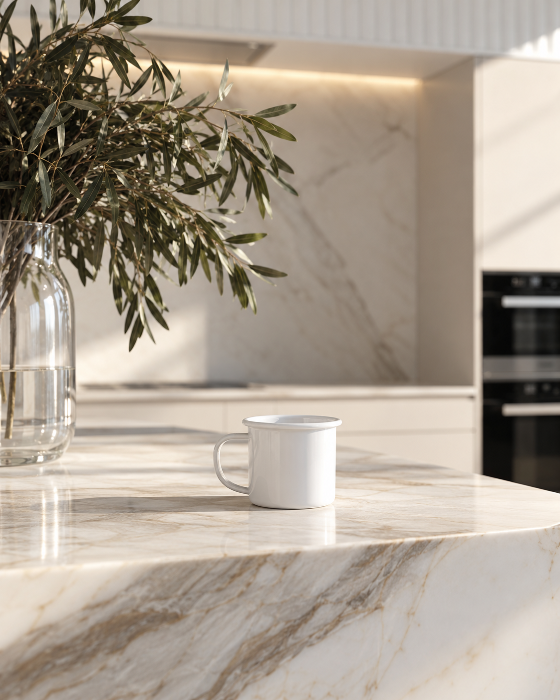 White enamel mug on a marble kitchen island beside olive branches in a glass vase