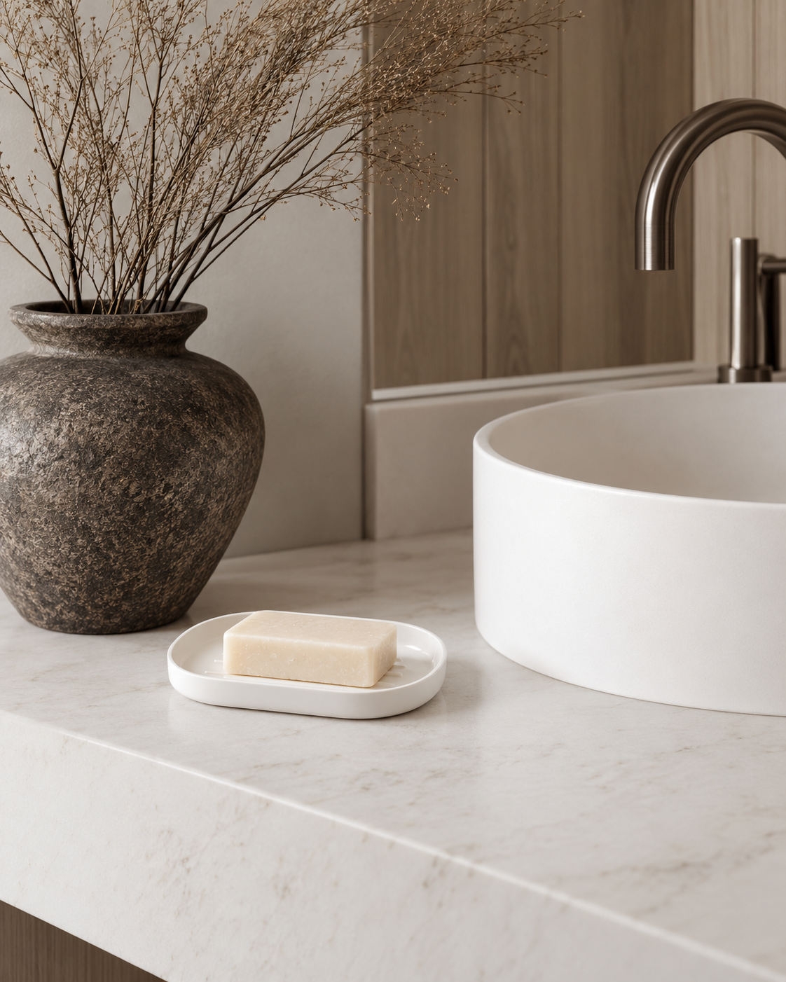 White Umbra Step soap dish with a soap bar on a marble vanity beside a vessel basin