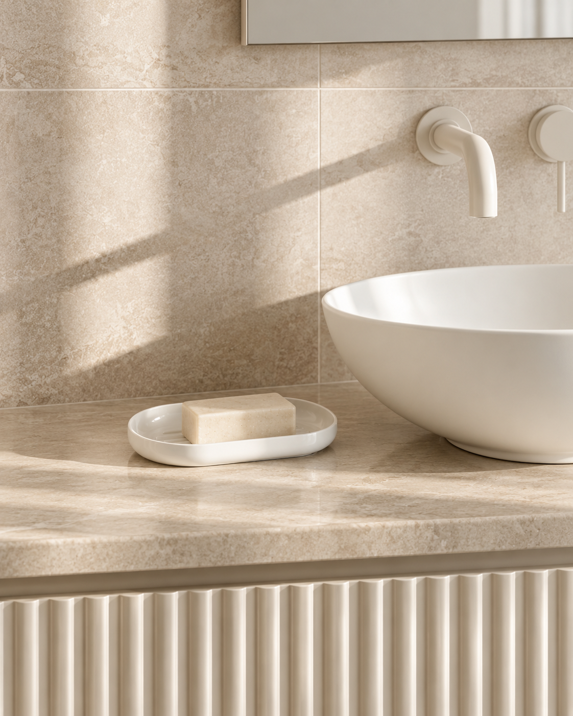 White Umbra Step soap dish with a soap bar beside a vessel basin on a stone vanity