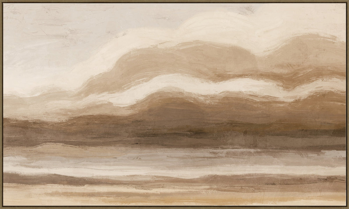 Full view of the Near Enough artwork showing layered brown, taupe and cream bands beneath pale cloud shapes