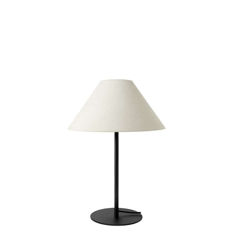 Ned Collections Arch Table Lamp with black stem, round black base and natural linen shade on white background