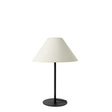 Ned Collections Arch Table Lamp with black stem, round black base and natural linen shade on white background