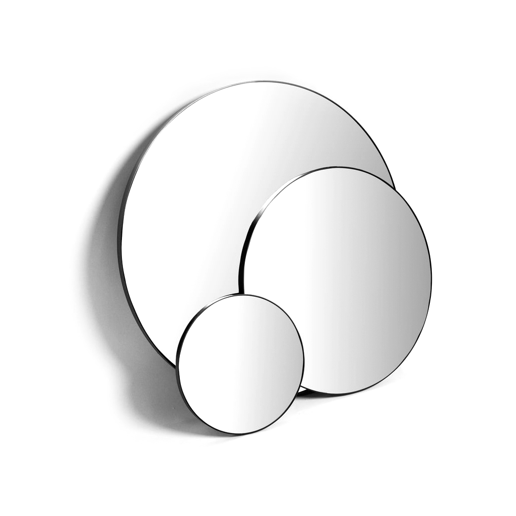 Small, medium and large Ned Collections round black frame mirrors layered on a white background