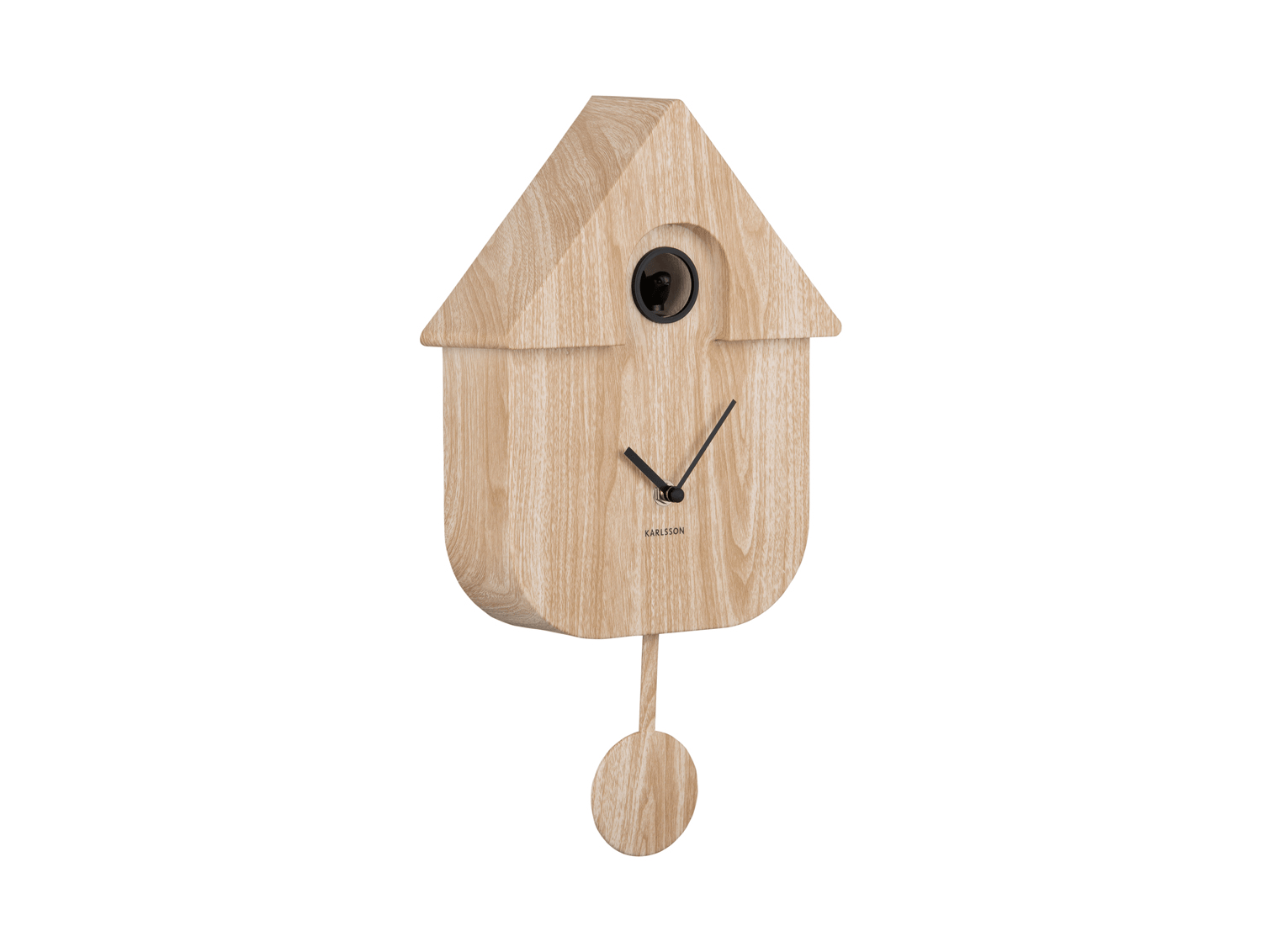 Karlsson Modern Cuckoo Clock in natural wood, front view with pendulum on a white background