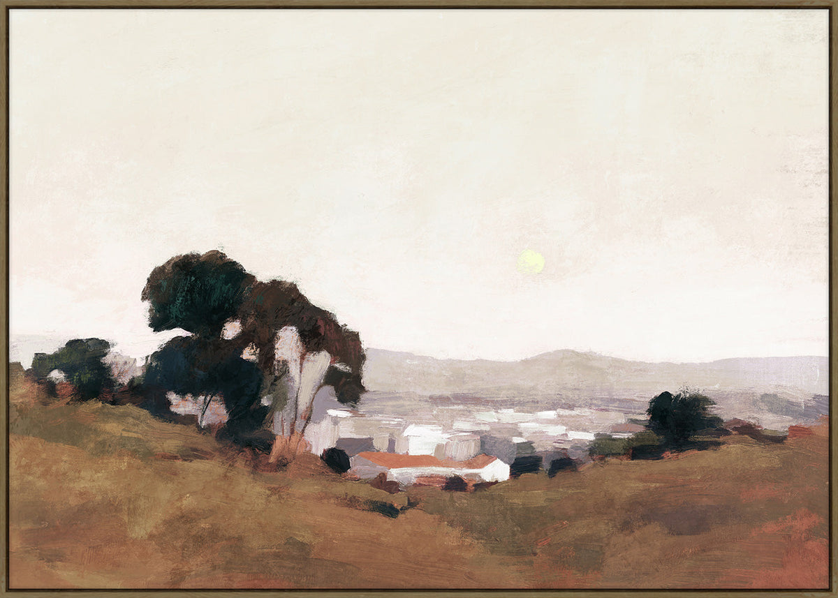 Full view of the canvas: ochre hillside, dark trees, white houses and a pale moon in a cream sky, in an oak frame