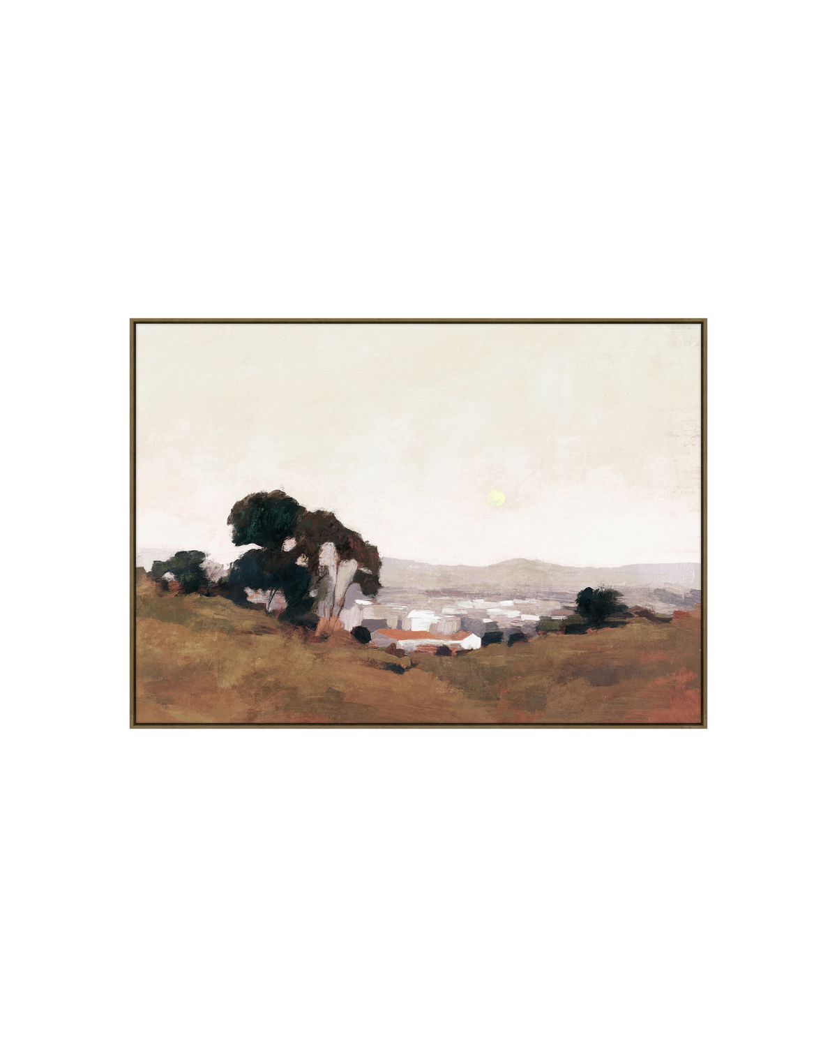 Next to John's Farm Print by Ned Collections, framed landscape of trees on a hillside above a distant town