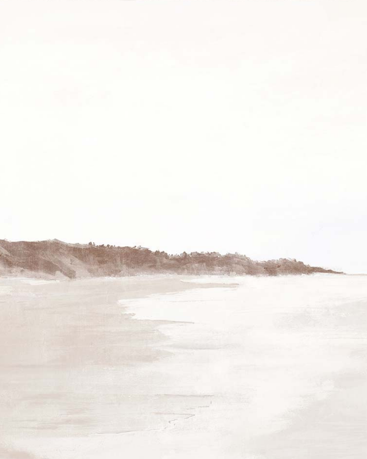 Close crop of the Ninety artwork showing the brown headland, wet sand shoreline and soft cream sky
