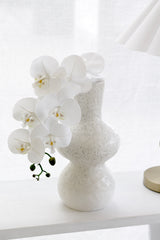 Nisha curvy speckled white ceramic vase styled with white orchid blooms on a bright white surface in soft natural light