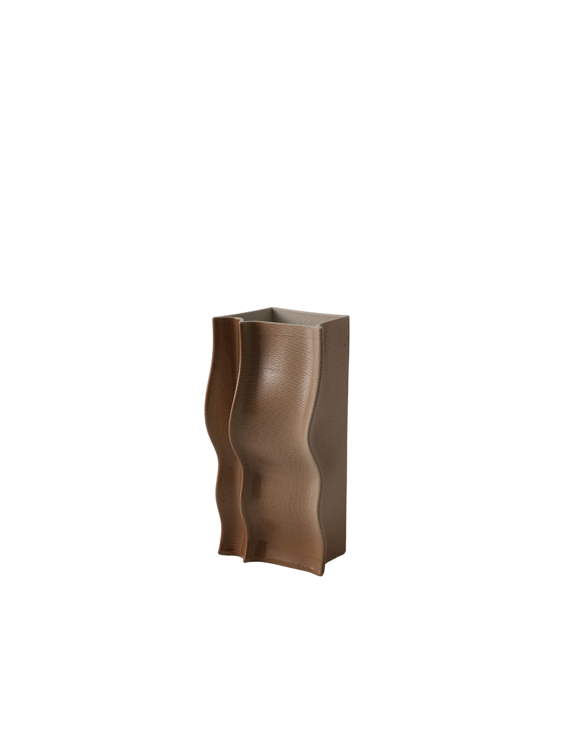 Nomade Vase shown in the Mud colour option, an earthy brown wave-folded column on white