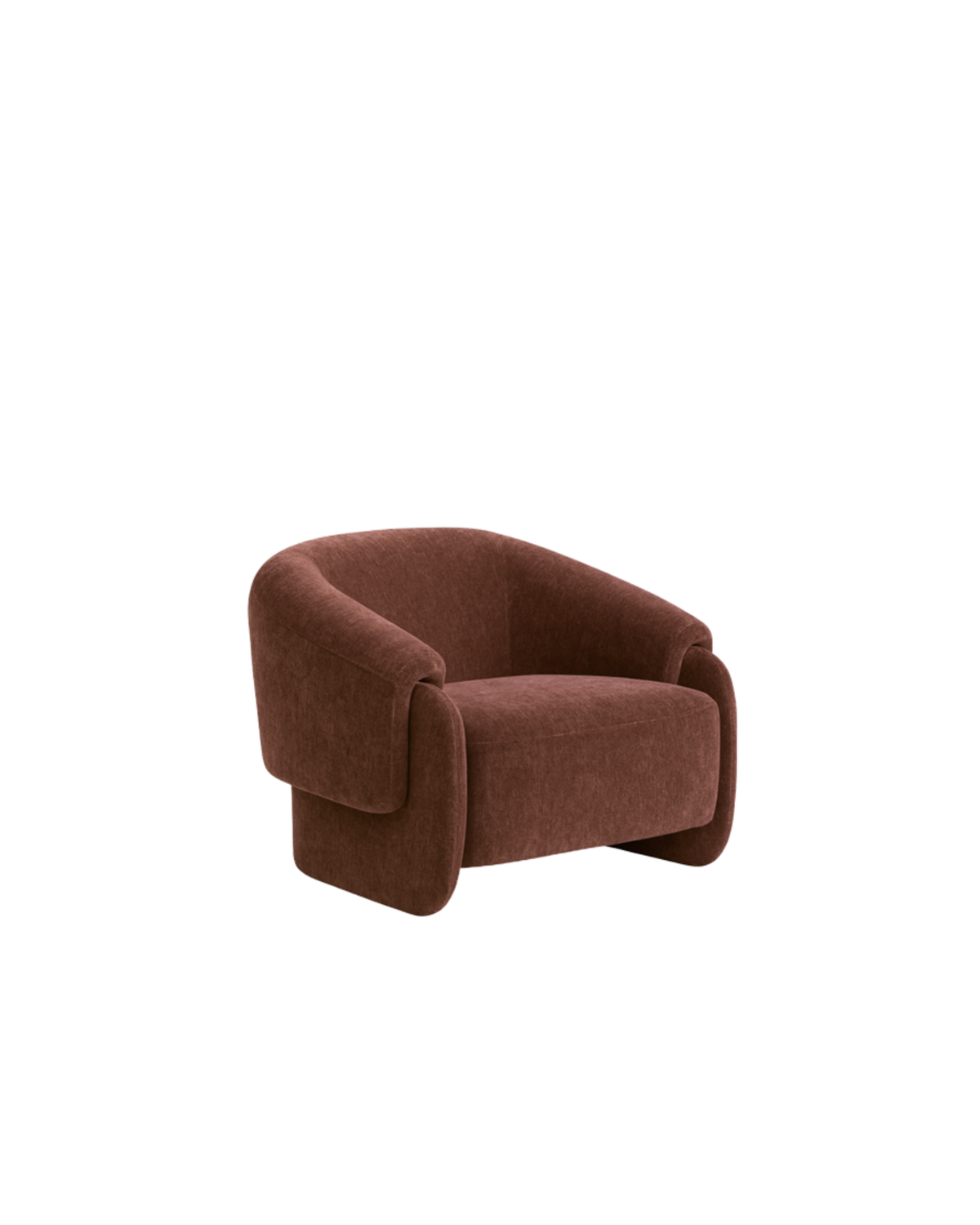 Nord Chair in Umber, rust-brown armchair with wraparound arms, three-quarter view