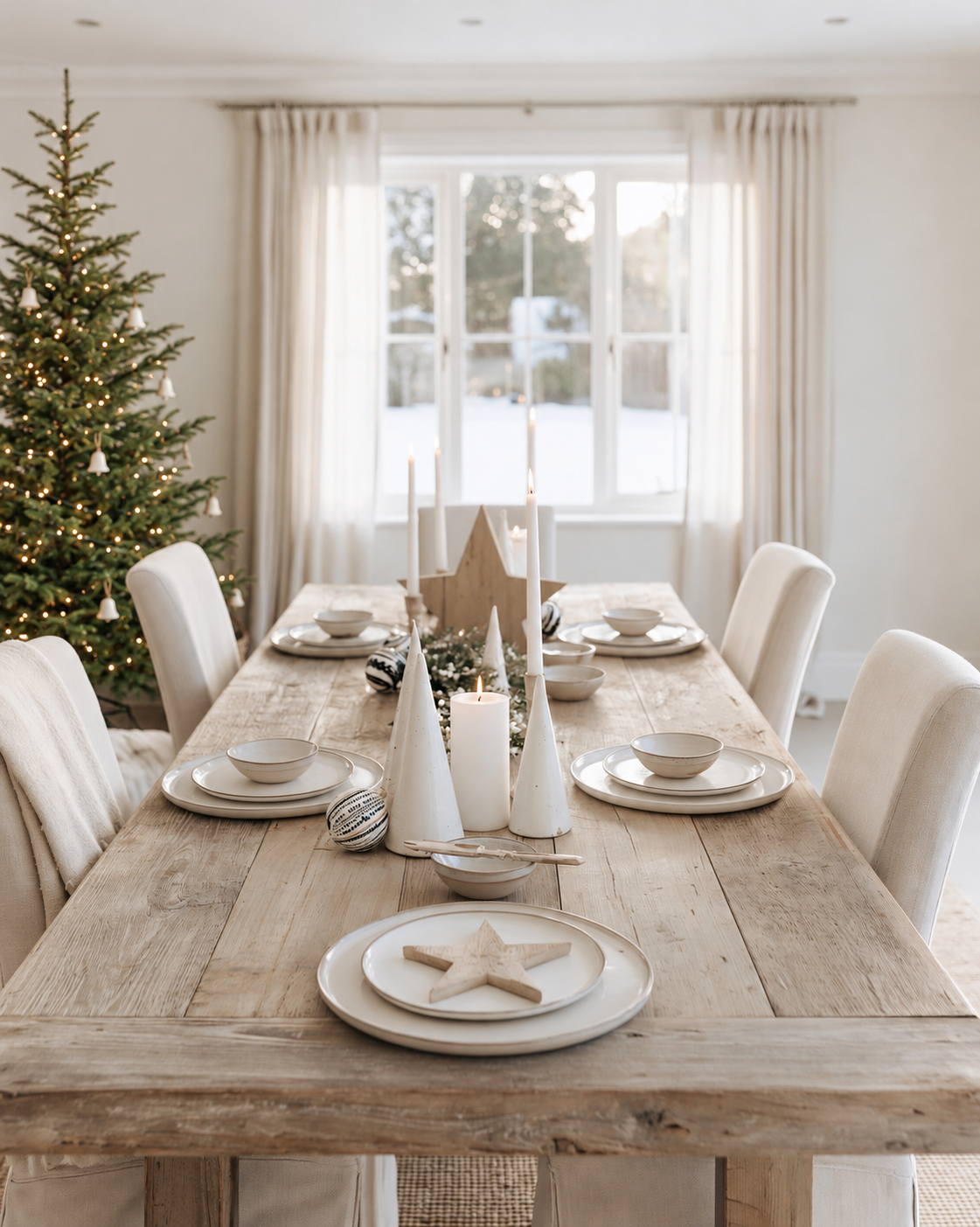 Norway spruce Christmas tree with warm lights and white bells in the corner of a dining room