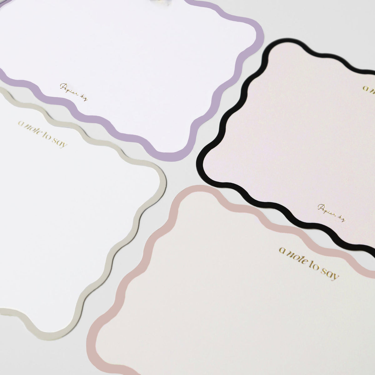 Papier HQ Note To Say cards with wavy borders in black, lilac and other colours