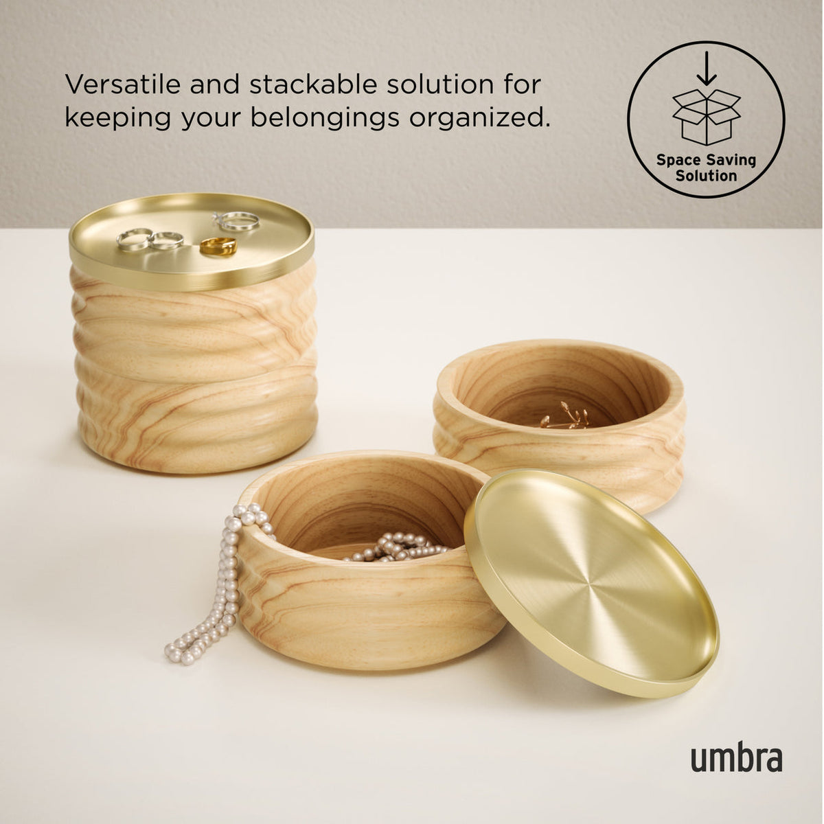 Umbra Tesora storage box in natural and brass, stacking tiers for jewellery storage