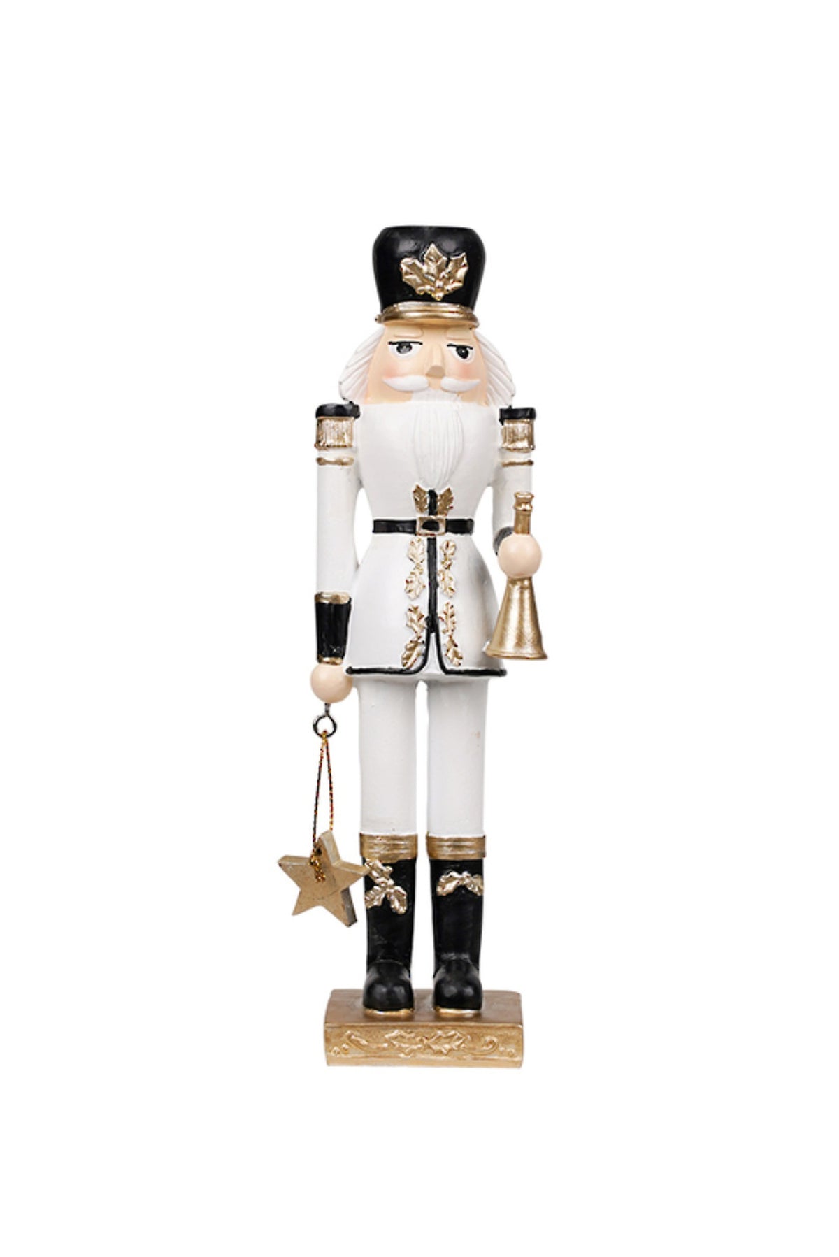 White, black and gold nutcracker soldier figurine holding a gold star and trumpet, 21cm