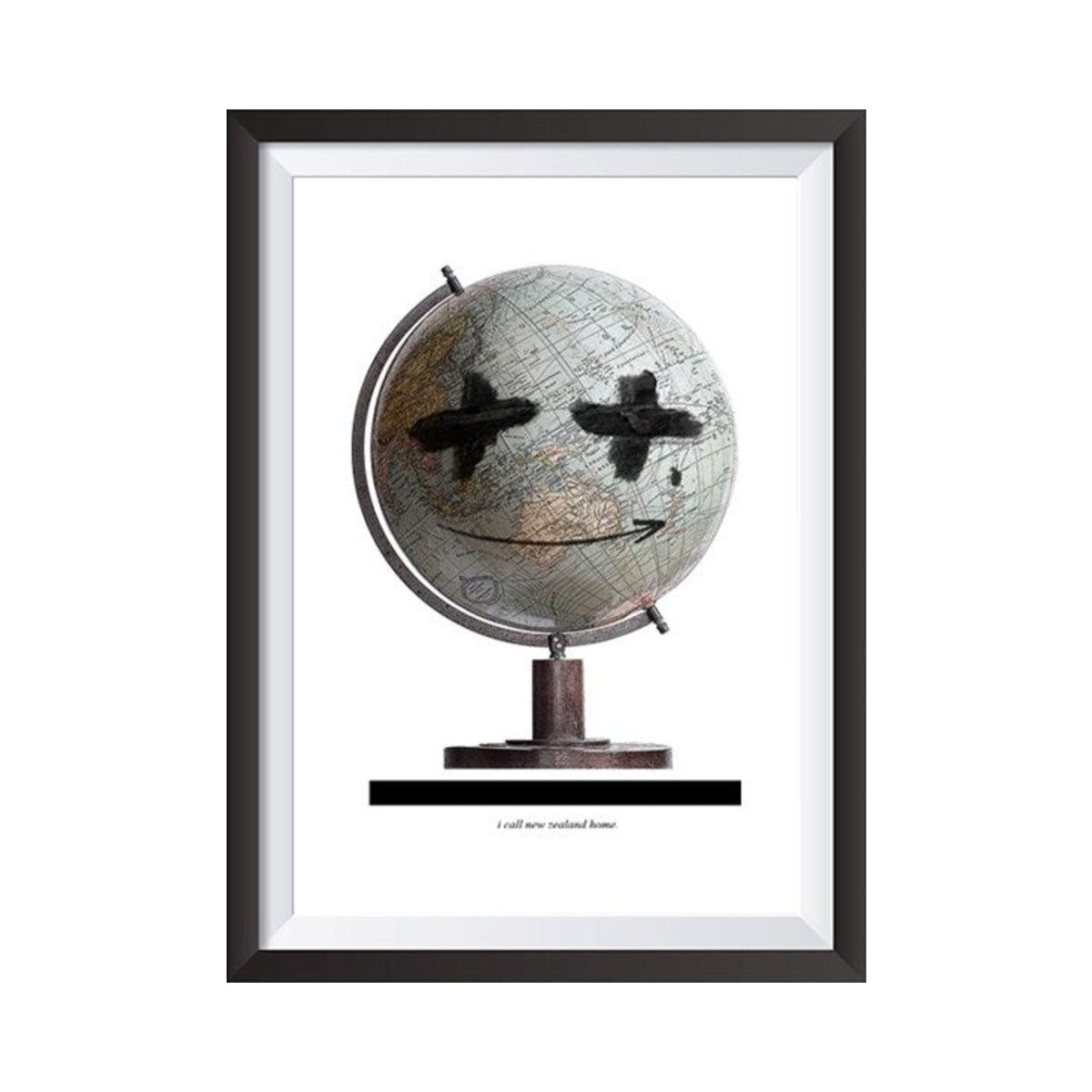 NZ Home Globe print by Federation in a black frame on a white background, frame sold separately