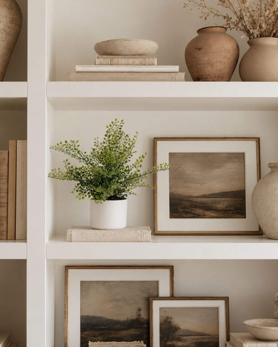 Potted faux maidenhair fern on white shelves beside a framed landscape and stoneware vases