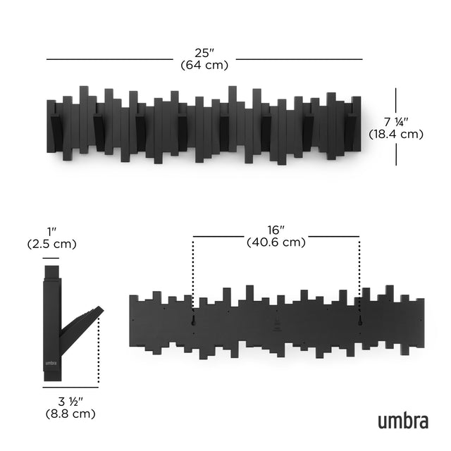 Umbra Sticks 8 hook rack in black, dimension diagram 64cm wide by 18.4cm high