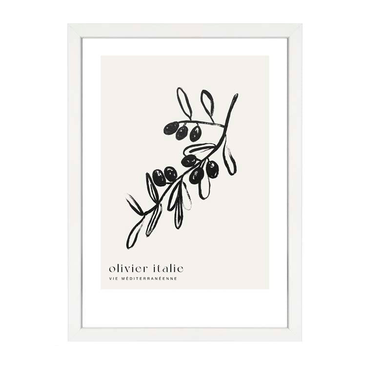 Olive Tree Print by Papier HQ in a white frame, black ink olive branch with olivier italie lettering on cream