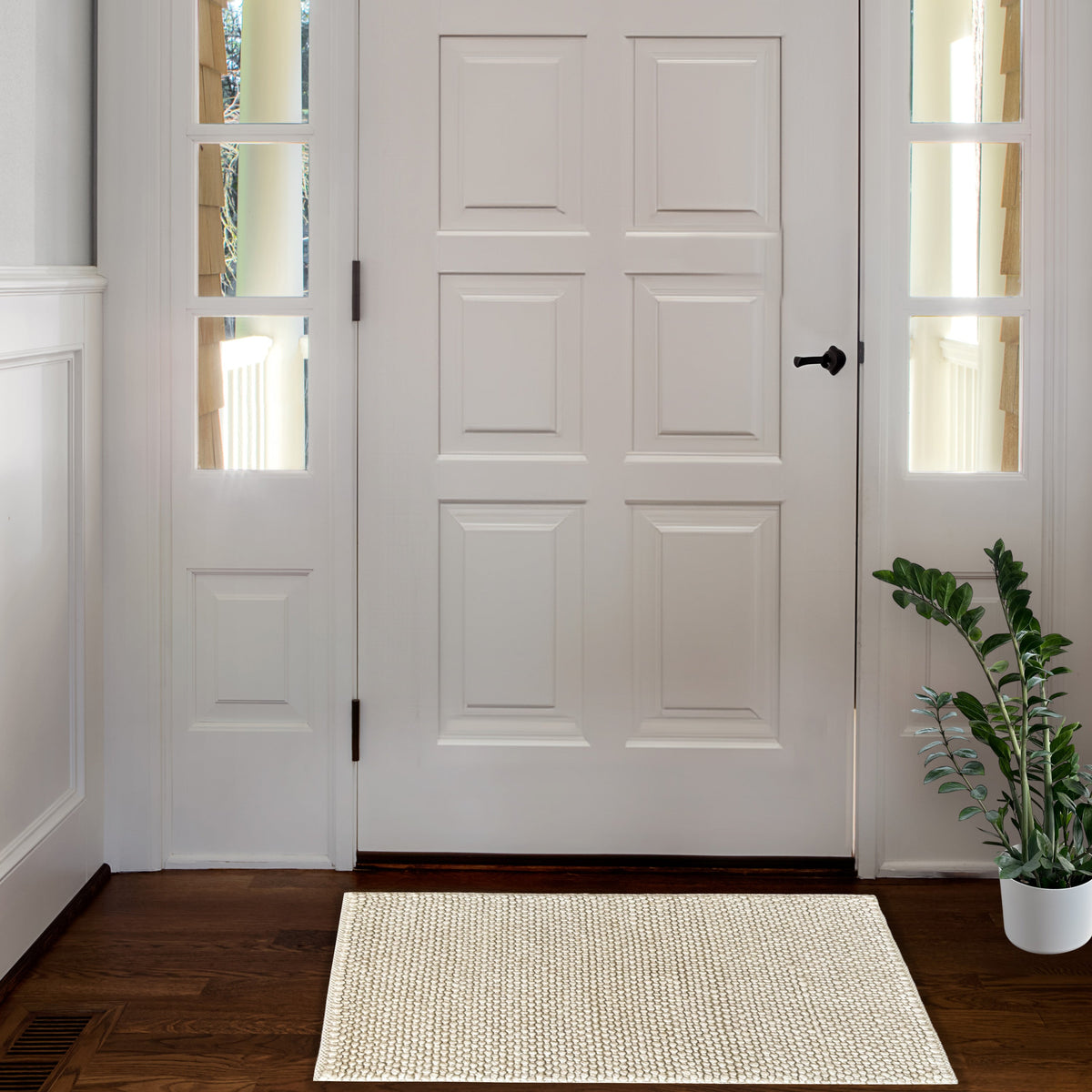Beige loop rug in the 60 x 90 cm size at a white front door beside a potted plant